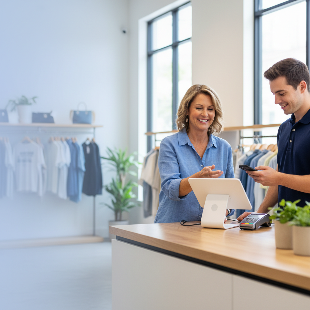 Small business owner ringing up a sale on a modern point-of-sale system