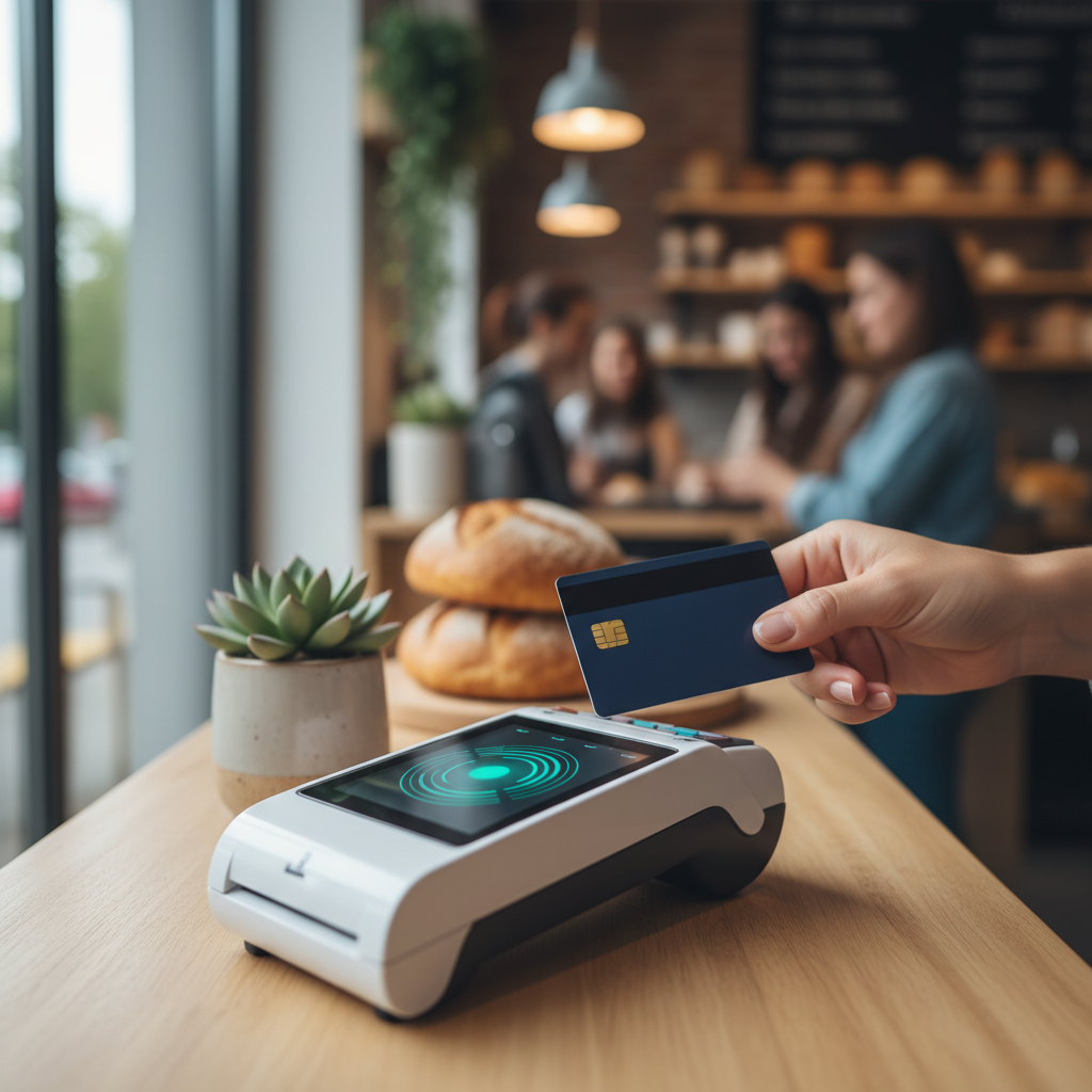 Customer tapping a card to pay at a contactless payment terminal